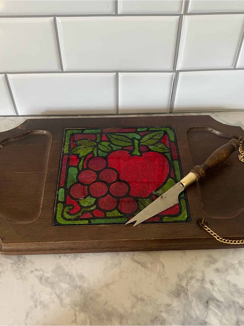 Vintage Stained Glass Tile Inlay Wood Cheese Board Serving Tray